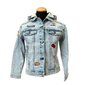 Treasure & Bond Girls Patch Hooded Denim Jean Jacket Light Wash Size L 10/12